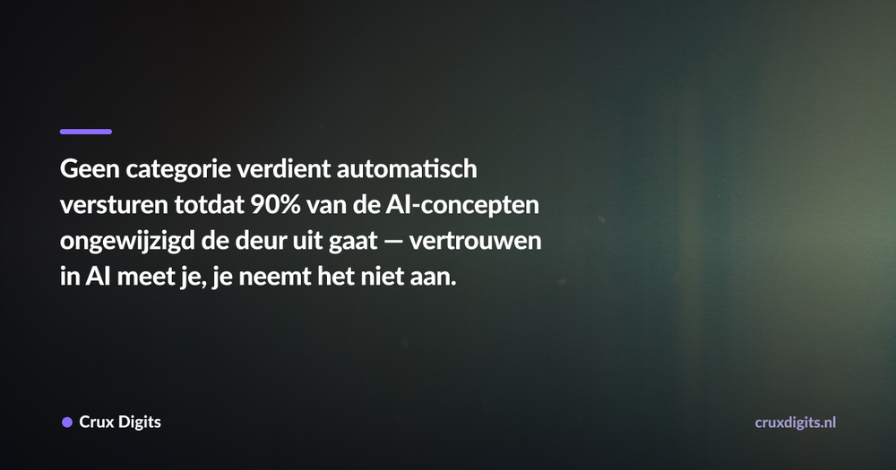 Pull quote: Geen categorie verdient automatisch versturen totdat 90% van de AI-concepten ongewijzigd de deur uit gaat — vertrouwen in AI meet je, je neemt het nie — Crux Digits