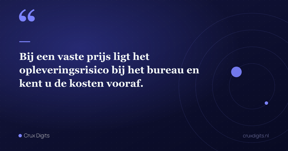Pull quote: Bij een vaste prijs ligt het opleveringsrisico bij het bureau en kent u de kosten vooraf. — Crux Digits