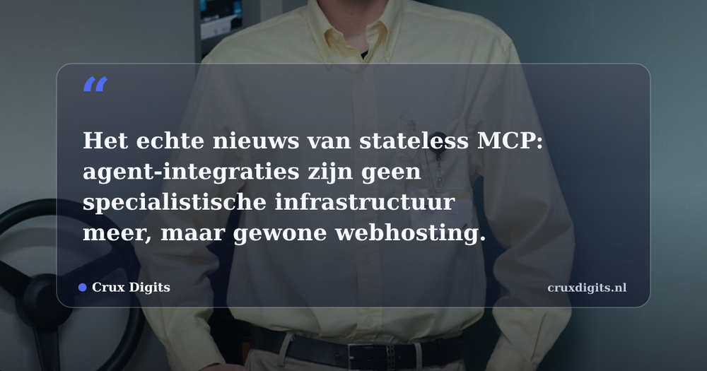 Pull quote from Crux Digits: Het echte nieuws van stateless MCP: agent-integraties zijn geen specialistische infrastructuur meer, maar gewone webhosting.