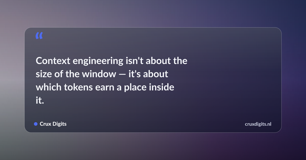 Pull quote: Context engineering isn't about the size of the window — it's about which tokens earn a place inside it. — Crux Digits