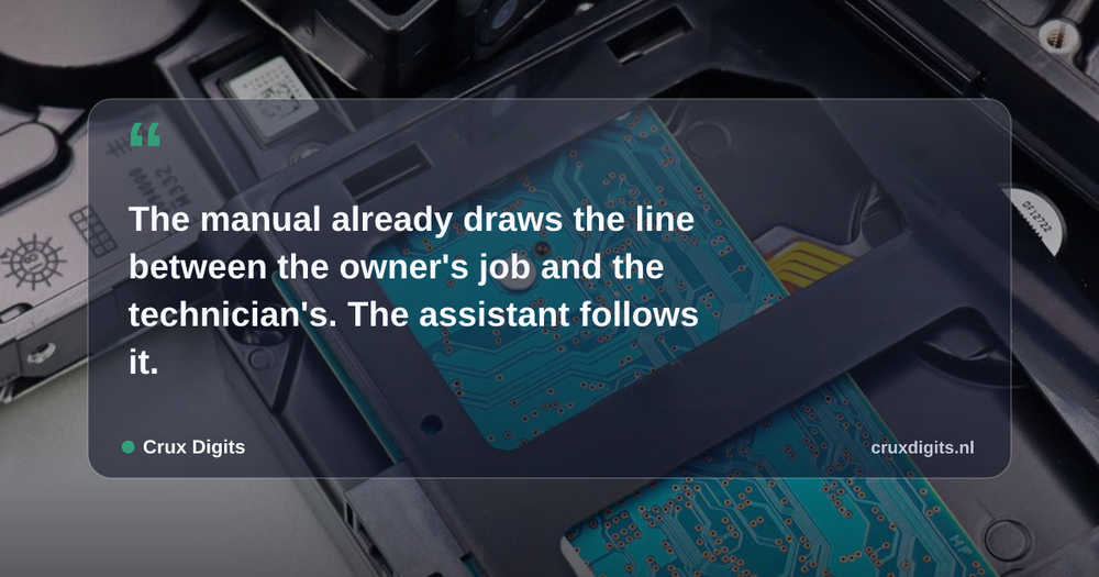 Pull quote from Crux Digits: The manual already draws the line between the owner's job and the technician's. The assistant follows it.