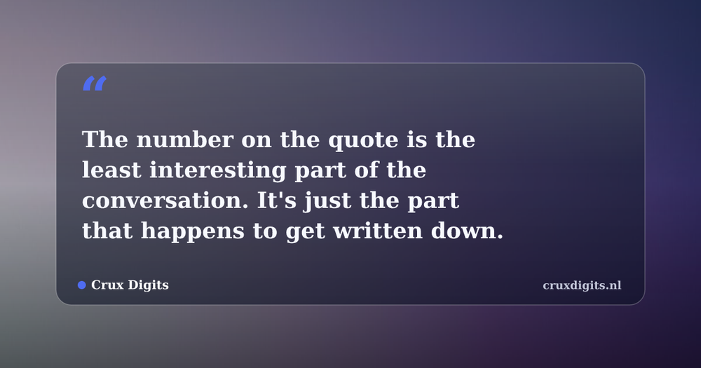 Pull quote from Crux Digits: The number on the quote is the least interesting part of the conversation. It's just the part that happens to get written down.