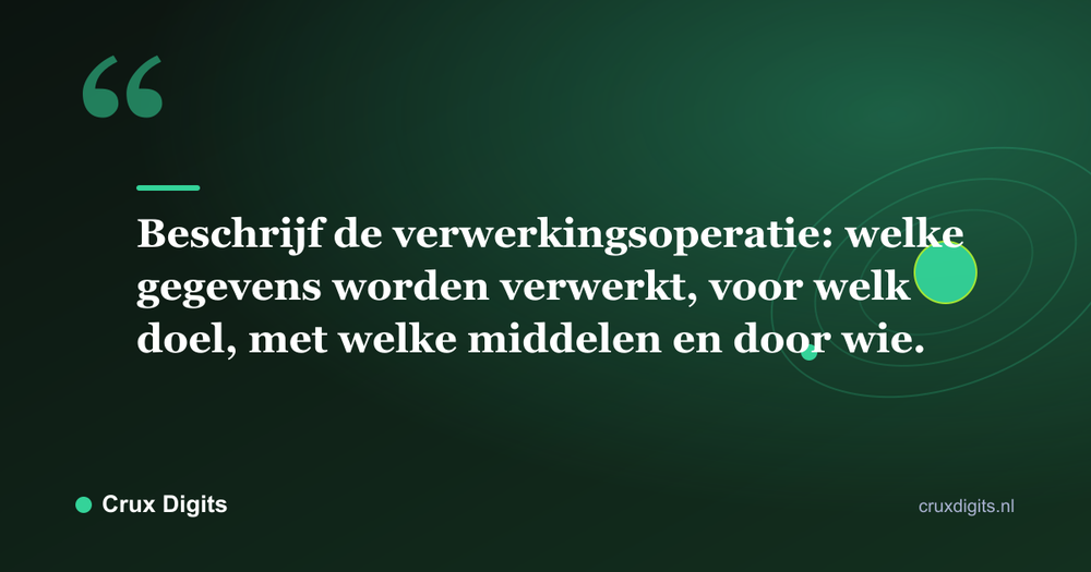 Citaat: Beschrijf de verwerkingsoperatie: welke gegevens worden verwerkt, voor welk doel, met welke middelen en door wie. - Crux Digits