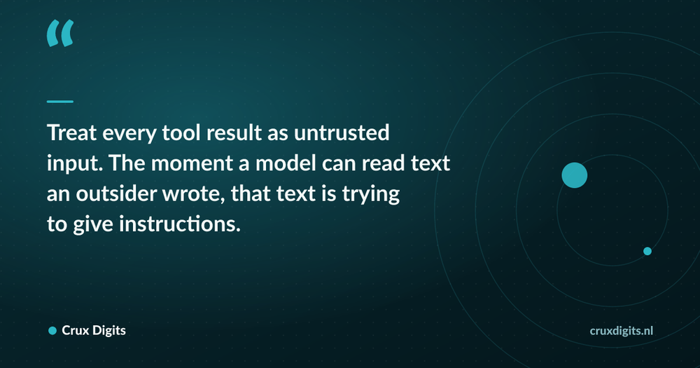 Pull quote: Treat every tool result as untrusted input. The moment a model can read text an outsider wrote, that text is trying to give instructions. — Crux Digits