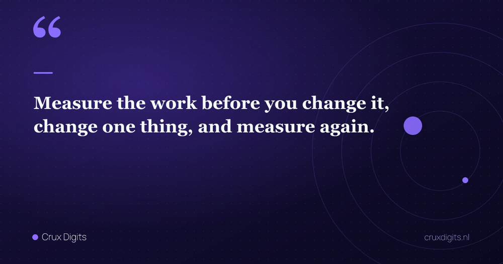 Pull quote: Measure the work before you change it, change one thing, and measure again. — Crux Digits