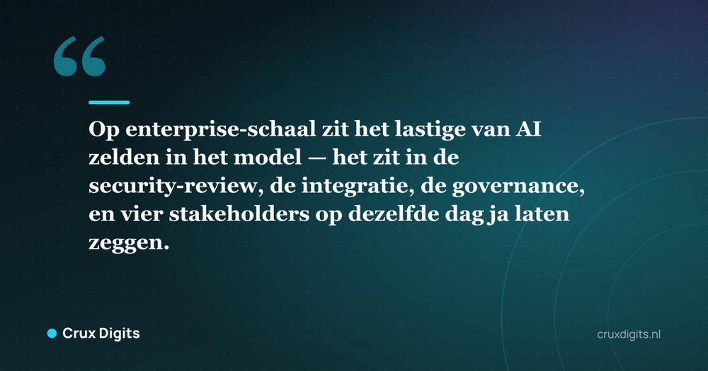 Citaat: Op enterprise-schaal zit het lastige van AI zelden in het model — het zit in de security-review, de integratie, de governance, en vier stakeholders op dezelfde dag ja laten zeggen. - Crux Digits