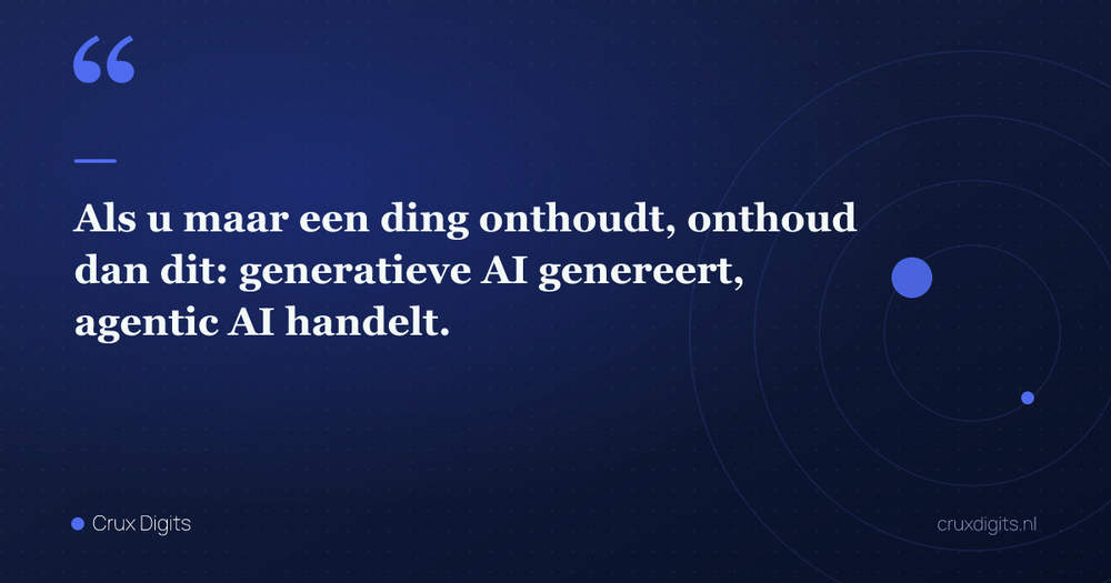 Pull quote: Als u maar een ding onthoudt, onthoud dan dit: generatieve AI genereert, agentic AI handelt. — Crux Digits