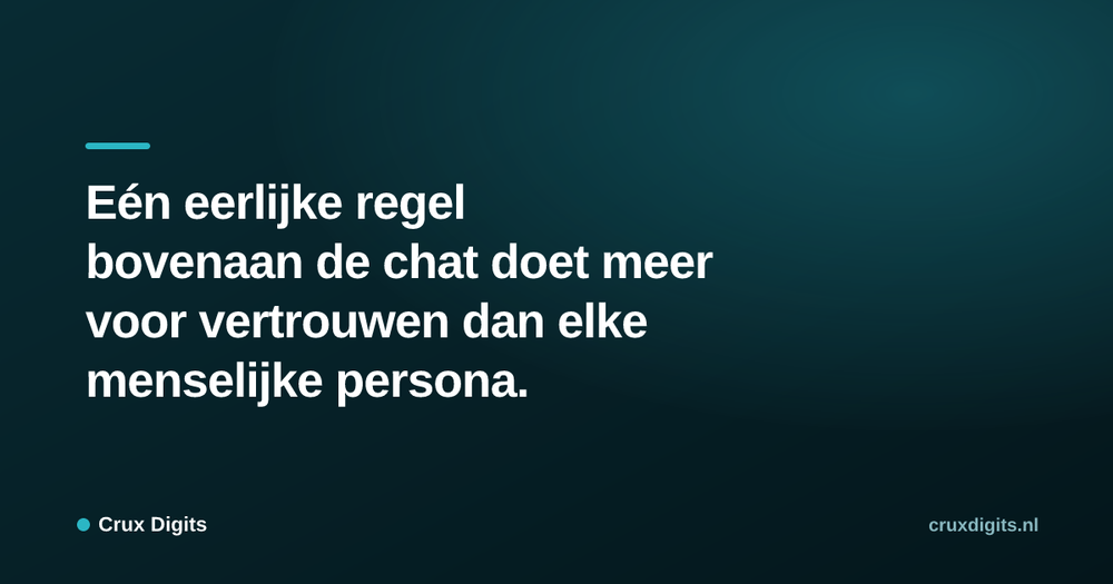 Pull quote from Crux Digits: Eén eerlijke regel bovenaan de chat doet meer voor vertrouwen dan elke menselijke persona.