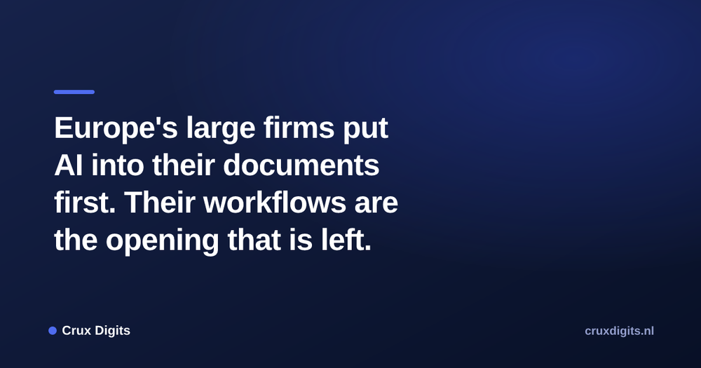 Pull quote from Crux Digits: Europe's large firms put AI into their documents first. Their workflows are the opening that is left.