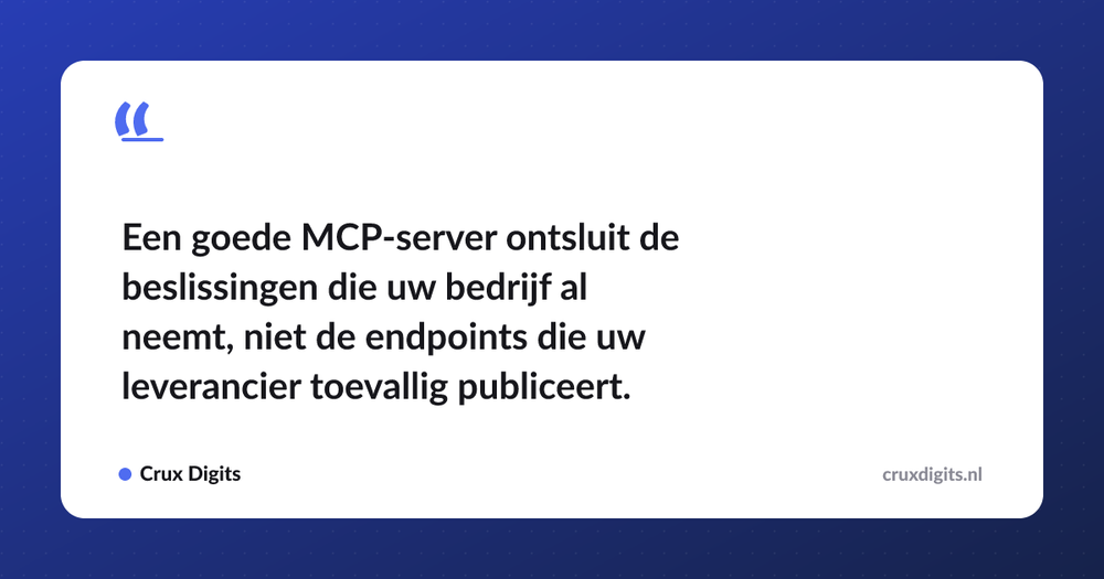 Pull quote: Een goede MCP-server ontsluit de beslissingen die uw bedrijf al neemt, niet de endpoints die uw leverancier toevallig publiceert. — Crux Digits