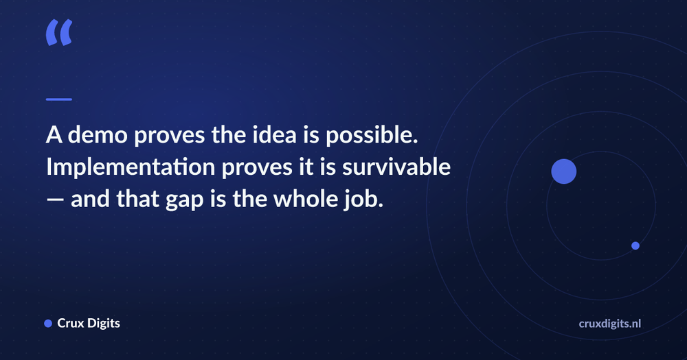 Pull quote: A demo proves the idea is possible. Implementation proves it is survivable — and that gap is the whole job. — Crux Digits