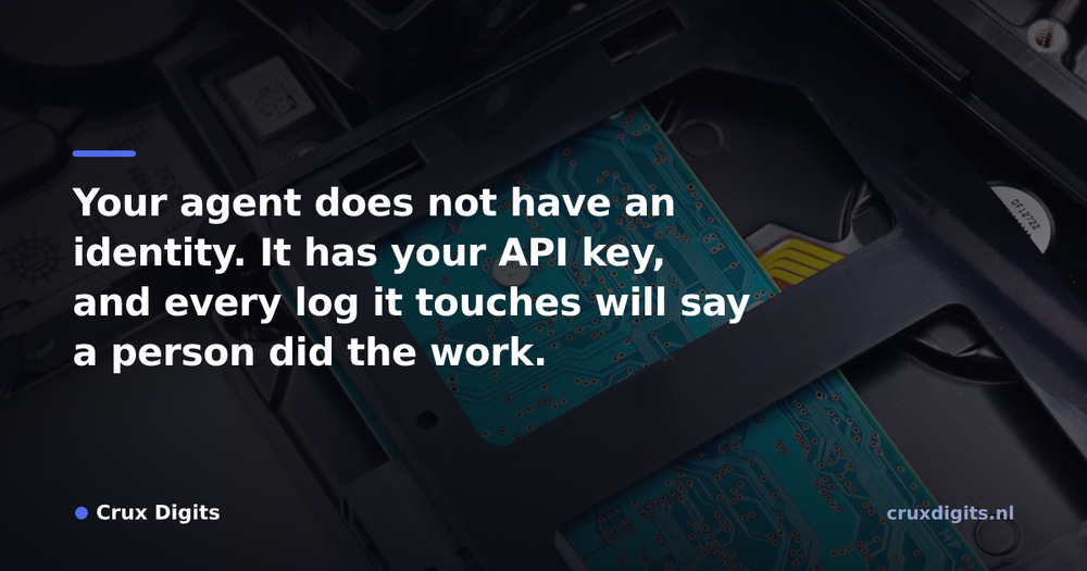 Pull quote from Crux Digits: Your agent does not have an identity. It has your API key, and every log it touches will say a person did the work.