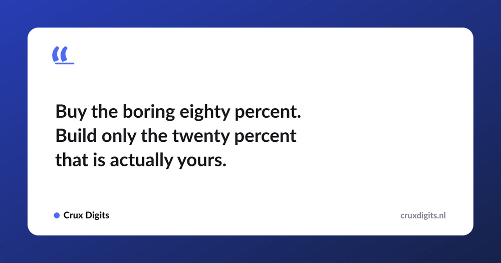 Pull quote: Buy the boring eighty percent. Build only the twenty percent that is actually yours. — Crux Digits