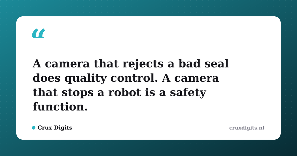 Pull quote from Crux Digits: A camera that rejects a bad seal does quality control. A camera that stops a robot is a safety function.
