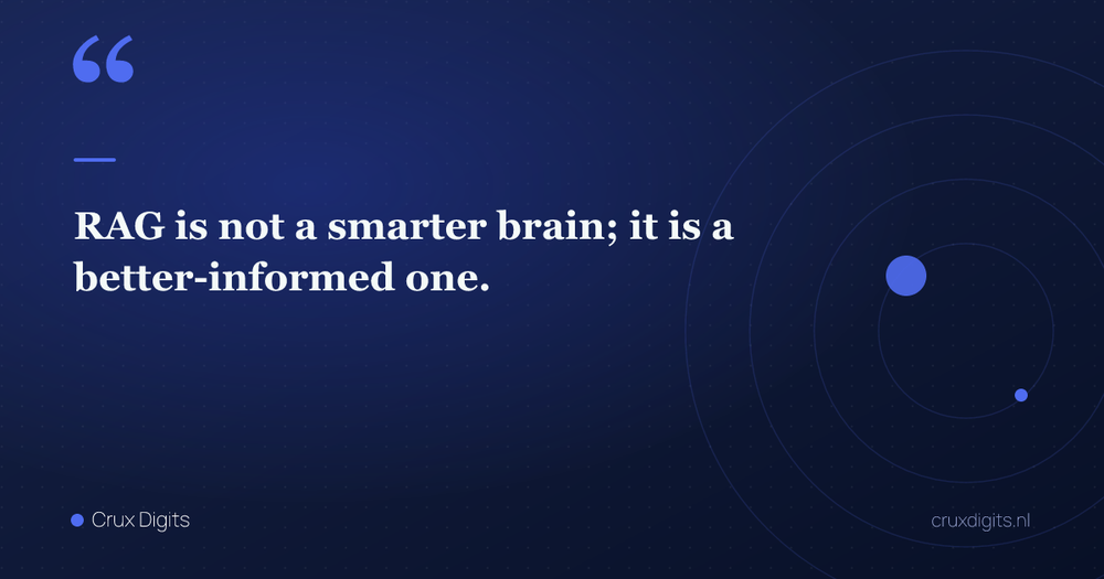 Pull quote: RAG is not a smarter brain; it is a better-informed one. — Crux Digits