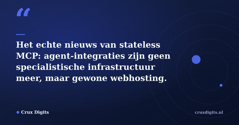 Pull quote: Het echte nieuws van stateless MCP: agent-integraties zijn geen specialistische infrastructuur meer, maar gewone webhosting. — Crux Digits