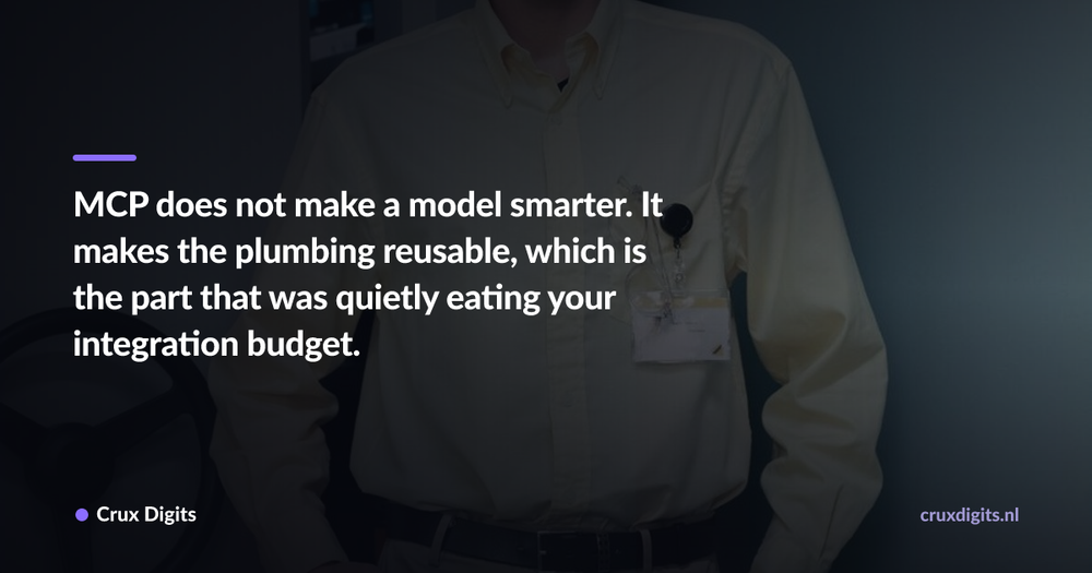 Pull quote: MCP does not make a model smarter. It makes the plumbing reusable, which is the part that was quietly eating your integration budget. — Crux Digits