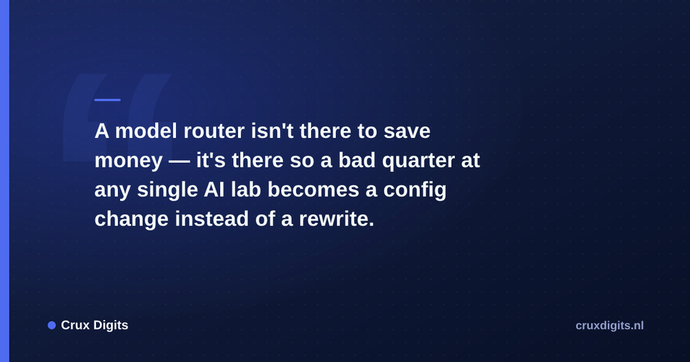 Pull quote: A model router isn't there to save money — it's there so a bad quarter at any single AI lab becomes a config change instead of a rewrite. — Crux Digits