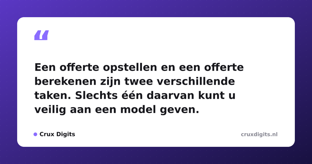 Pull quote from Crux Digits: Een offerte opstellen en een offerte berekenen zijn twee verschillende taken. Slechts één daarvan kunt u veilig aan een model geven.