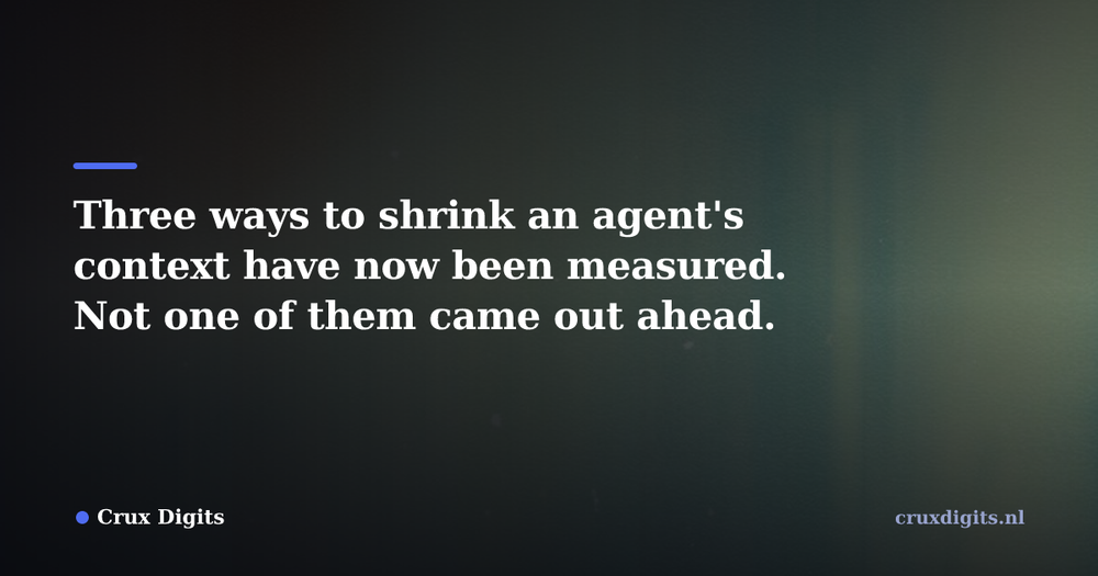 Pull quote from Crux Digits: Three ways to shrink an agent's context have now been measured. Not one of them came out ahead.