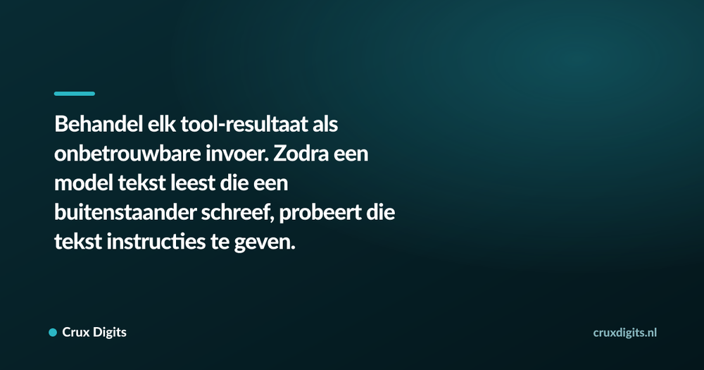 Pull quote: Behandel elk tool-resultaat als onbetrouwbare invoer. Zodra een model tekst leest die een buitenstaander schreef, probeert die tekst instructies te ge — Crux Digits