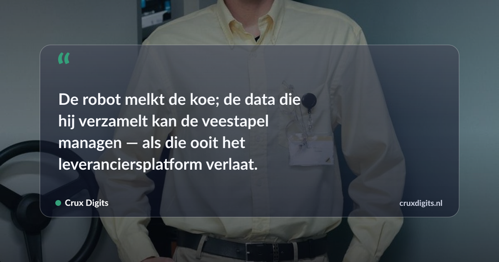 Pull quote: De robot melkt de koe; de data die hij verzamelt kan de veestapel managen — als die ooit het leveranciersplatform verlaat. — Crux Digits