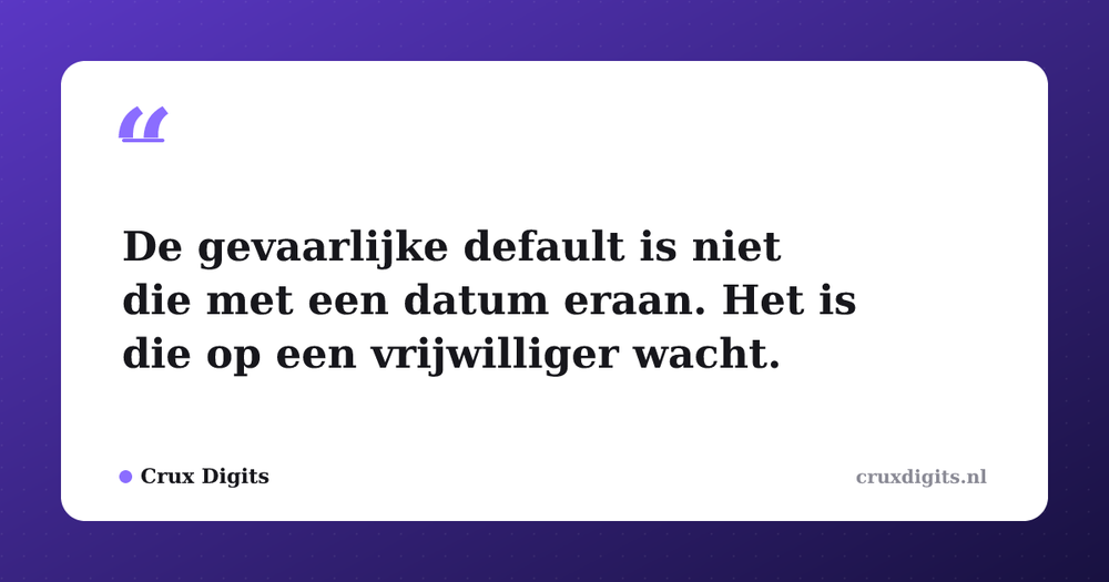 Pull quote from Crux Digits: De gevaarlijke default is niet die met een datum eraan. Het is die op een vrijwilliger wacht.