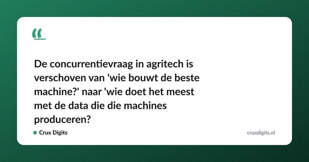 Pull quote: De concurrentievraag in agritech is verschoven van 'wie bouwt de beste machine?' naar 'wie doet het meest met de data die die machines produceren?' — Crux Digits