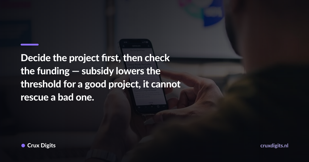 Pull quote: Decide the project first, then check the funding — subsidy lowers the threshold for a good project, it cannot rescue a bad one. — Crux Digits