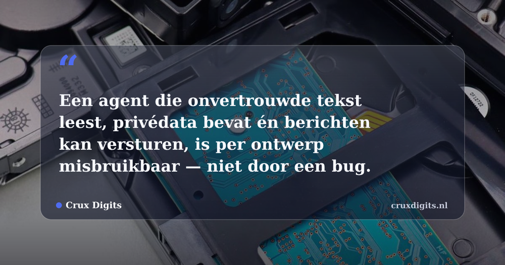 Pull quote: Een agent die onvertrouwde tekst leest, privédata bevat én berichten kan versturen, is per ontwerp misbruikbaar — niet door een bug. — Crux Digits
