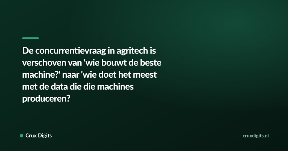 Pull quote: De concurrentievraag in agritech is verschoven van 'wie bouwt de beste machine?' naar 'wie doet het meest met de data die die machines produceren?' — Crux Digits