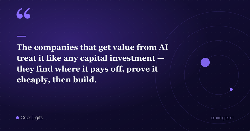 Pull quote: The companies that get value from AI treat it like any capital investment — they find where it pays off, prove it cheaply, then build. — Crux Digits