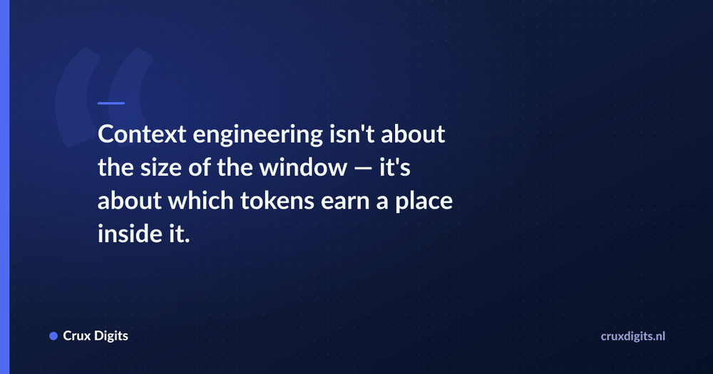 Pull quote: Context engineering isn't about the size of the window — it's about which tokens earn a place inside it. — Crux Digits