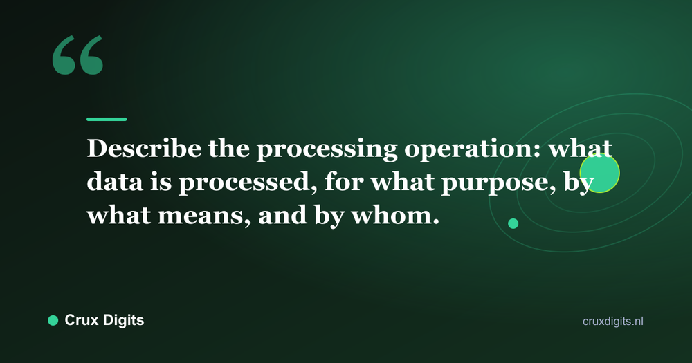 Pull quote: Describe the processing operation: what data is processed, for what purpose, by what means, and by whom. - Crux Digits