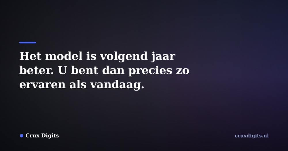 Pull quote from Crux Digits: Het model is volgend jaar beter. U bent dan precies zo ervaren als vandaag.
