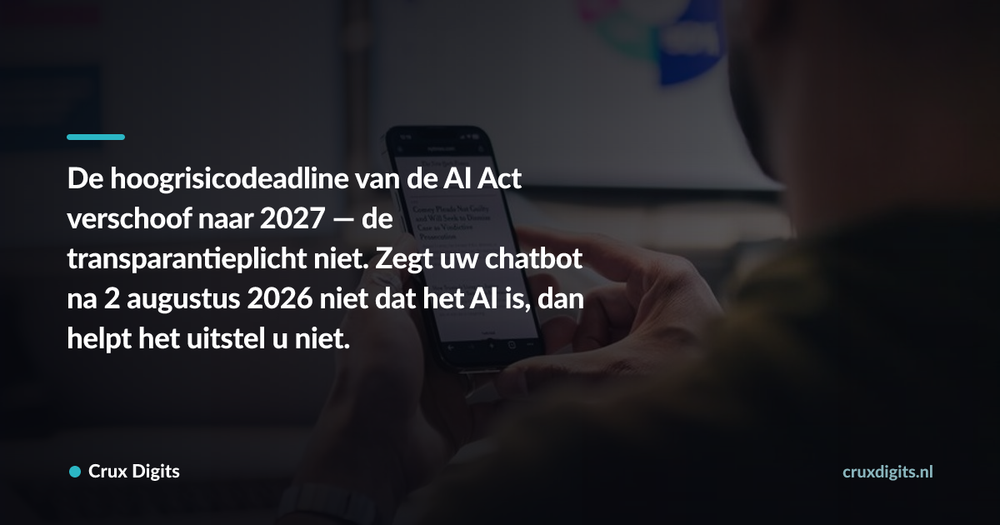 Pull quote: De hoogrisicodeadline van de AI Act verschoof naar 2027 — de transparantieplicht niet. Zegt uw chatbot na 2 augustus 2026 niet dat het AI is, dan help — Crux Digits