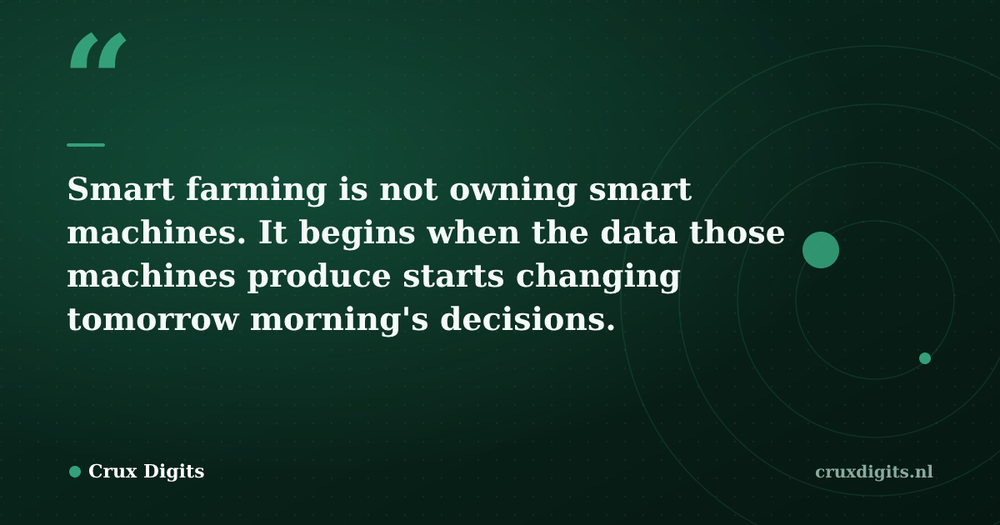Pull quote from Crux Digits: Smart farming is not owning smart machines. It begins when the data those machines produce starts changing tomorrow morning's decisions.