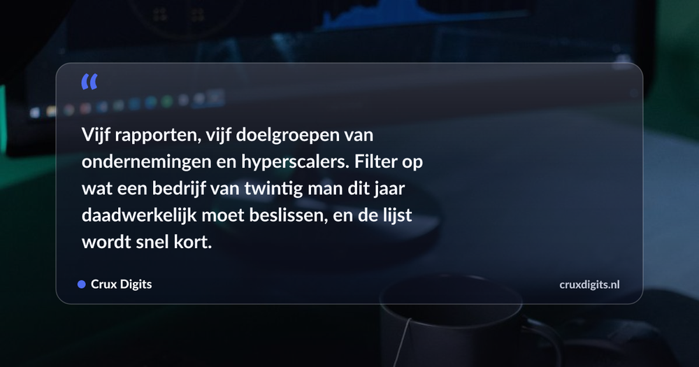 Pull quote: Vijf rapporten, vijf doelgroepen van ondernemingen en hyperscalers. Filter op wat een bedrijf van twintig man dit jaar daadwerkelijk moet beslissen, e — Crux Digits