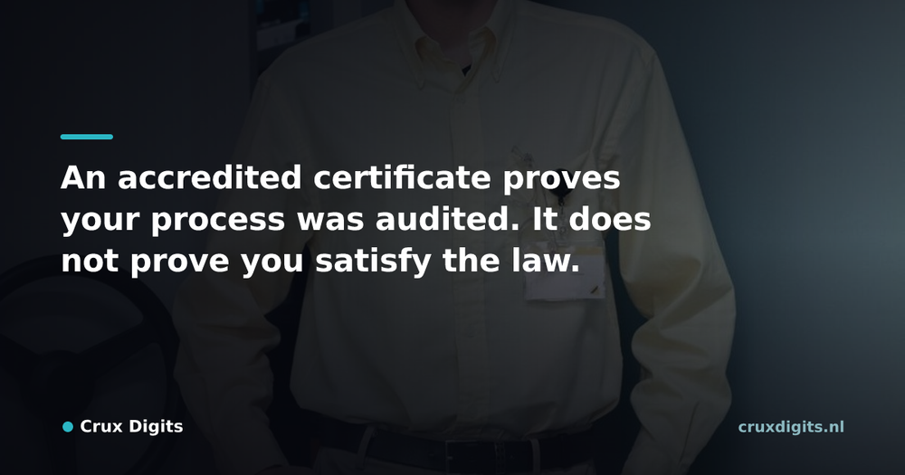 Pull quote from Crux Digits: An accredited certificate proves your process was audited. It does not prove you satisfy the law.