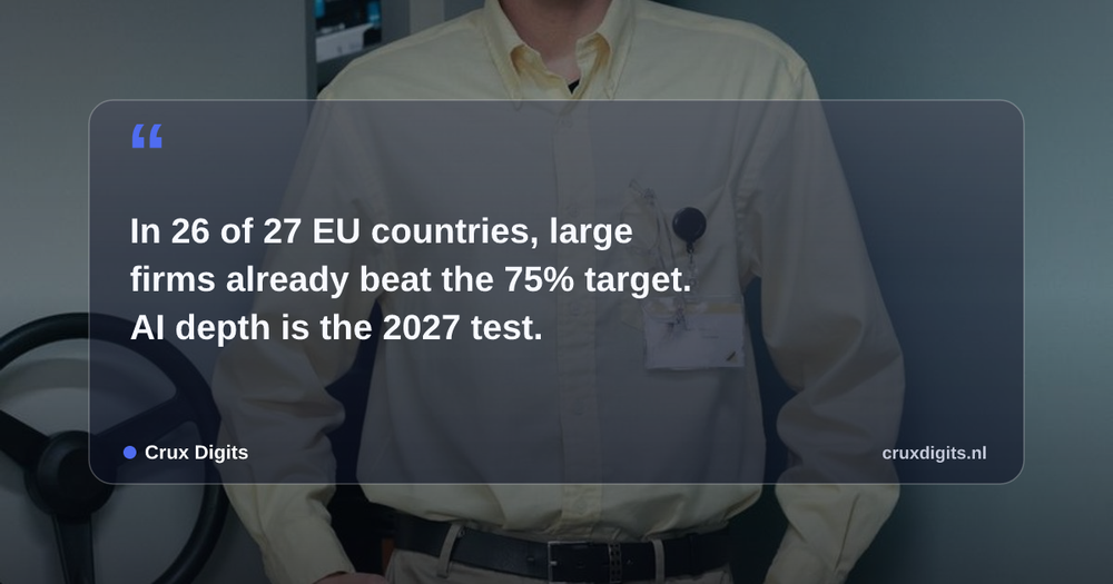 Pull quote from Crux Digits: In 26 of 27 EU countries, large firms already beat the 75% target. AI depth is the 2027 test.