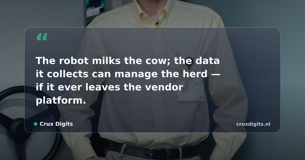 Pull quote from Crux Digits: The robot milks the cow; the data it collects can manage the herd — if it ever leaves the vendor platform.