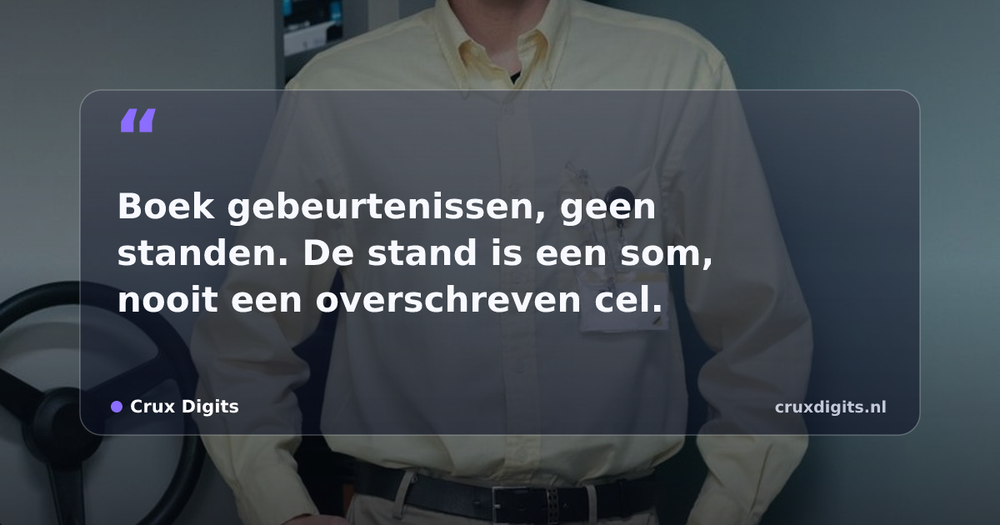 Pull quote from Crux Digits: Boek gebeurtenissen, geen standen. De stand is een som, nooit een overschreven cel.