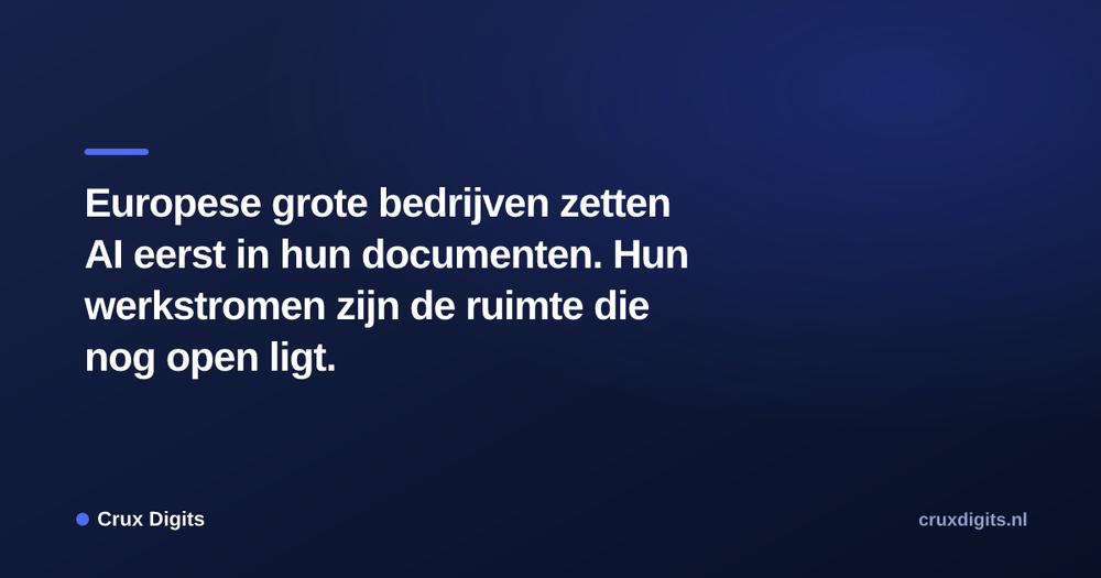 Pull quote from Crux Digits: Europese grote bedrijven zetten AI eerst in hun documenten. Hun werkstromen zijn de ruimte die nog open ligt.