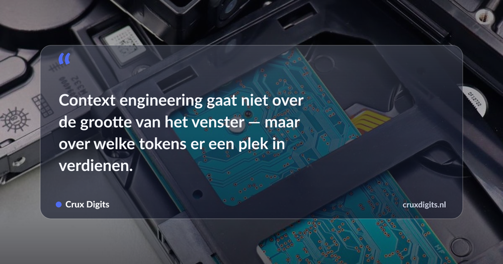 Pull quote: Context engineering gaat niet over de grootte van het venster — maar over welke tokens er een plek in verdienen. — Crux Digits