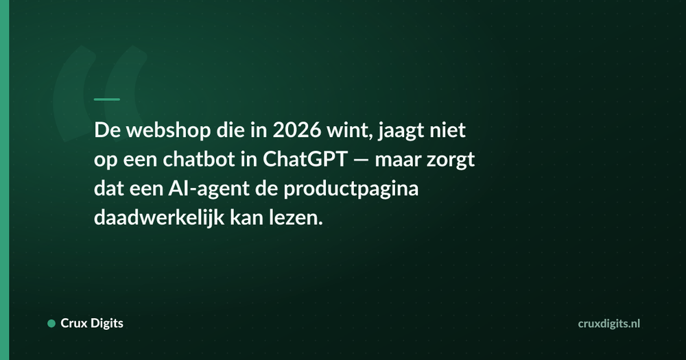 Pull quote: De webshop die in 2026 wint, jaagt niet op een chatbot in ChatGPT — maar zorgt dat een AI-agent de productpagina daadwerkelijk kan lezen. — Crux Digits