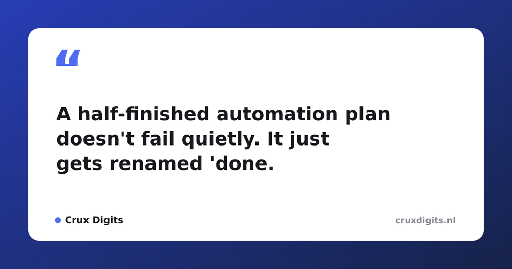 Pull quote from Crux Digits: A half-finished automation plan doesn't fail quietly. It just gets renamed 'done.'