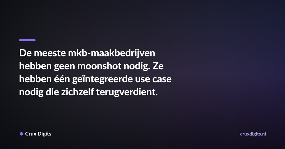 Pull quote: De meeste mkb-maakbedrijven hebben geen moonshot nodig. Ze hebben één geïntegreerde use case nodig die zichzelf terugverdient. — Crux Digits