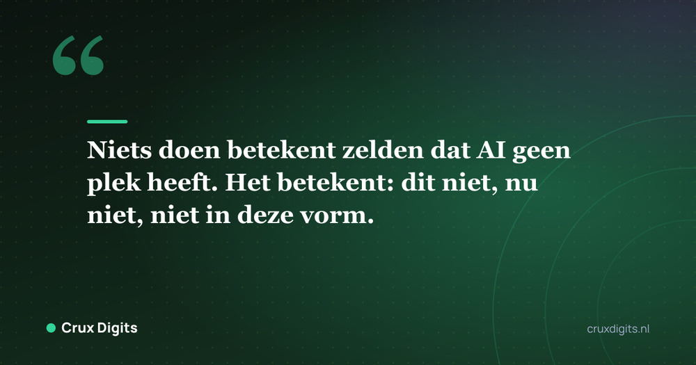 Citaat: Niets doen betekent zelden dat AI geen plek heeft. Het betekent: dit niet, nu niet, niet in deze vorm. - Crux Digits