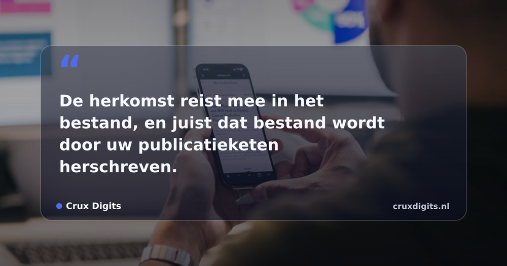 Pull quote from Crux Digits: De herkomst reist mee in het bestand, en juist dat bestand wordt door uw publicatieketen herschreven.