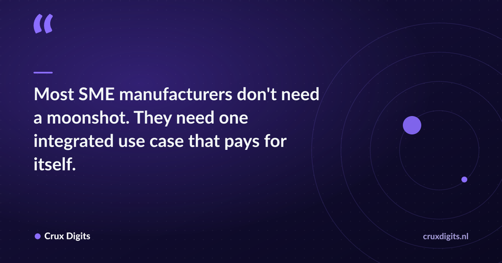 Pull quote: Most SME manufacturers don't need a moonshot. They need one integrated use case that pays for itself. — Crux Digits